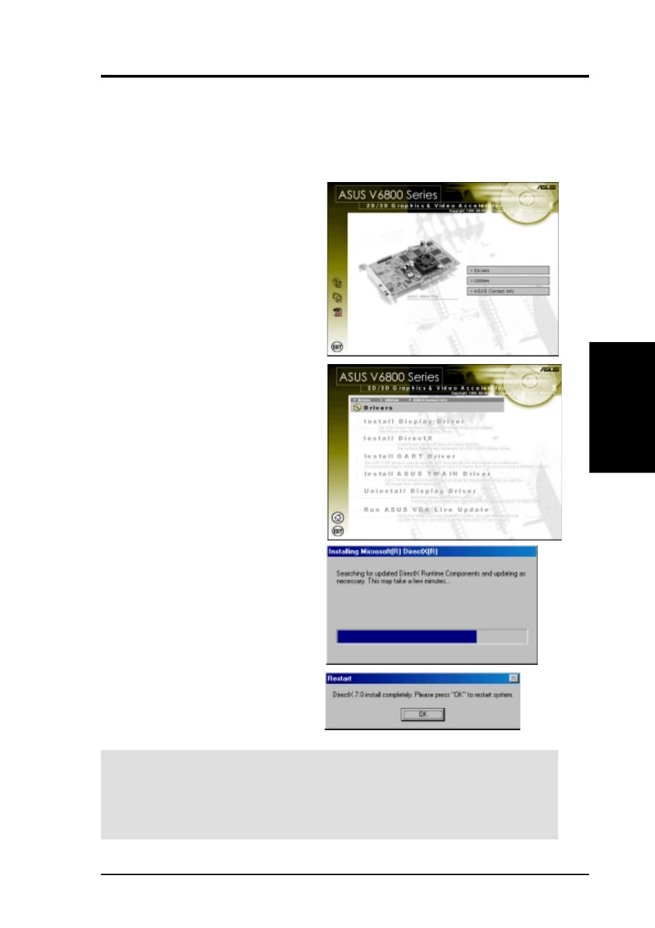 Software setup, Install directx | Asus AGP-V6800 Series User Manual | Page 21 / 76