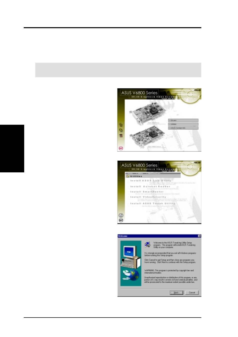 Software setup, Install asus tweak utility | Asus AGP-V6800 Series User Manual | Page 32 / 76