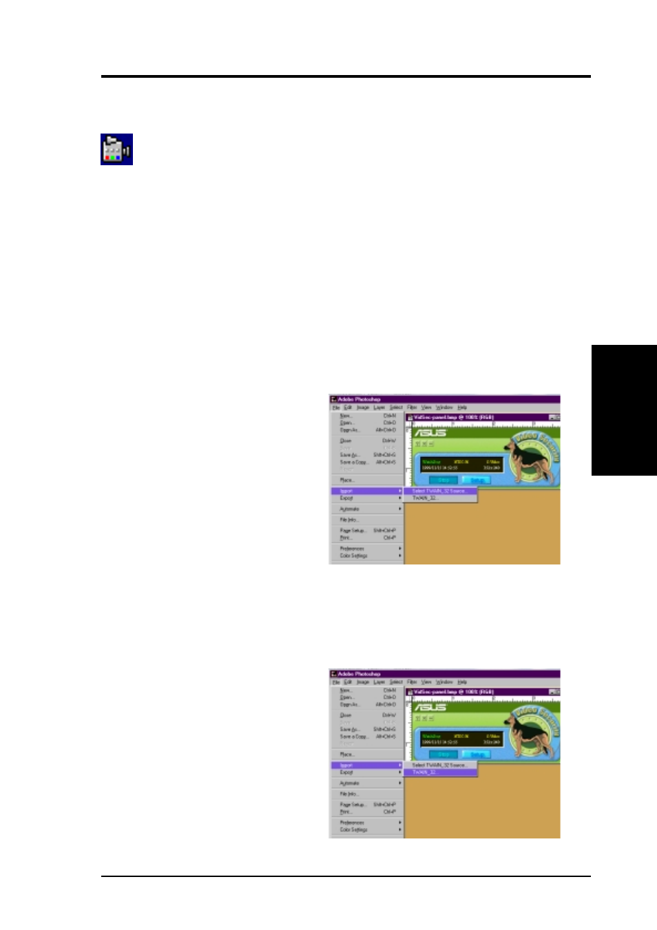 Software reference, Using the utilities, Asus twain interface | Asus AGP-V6800 Series User Manual | Page 33 / 76