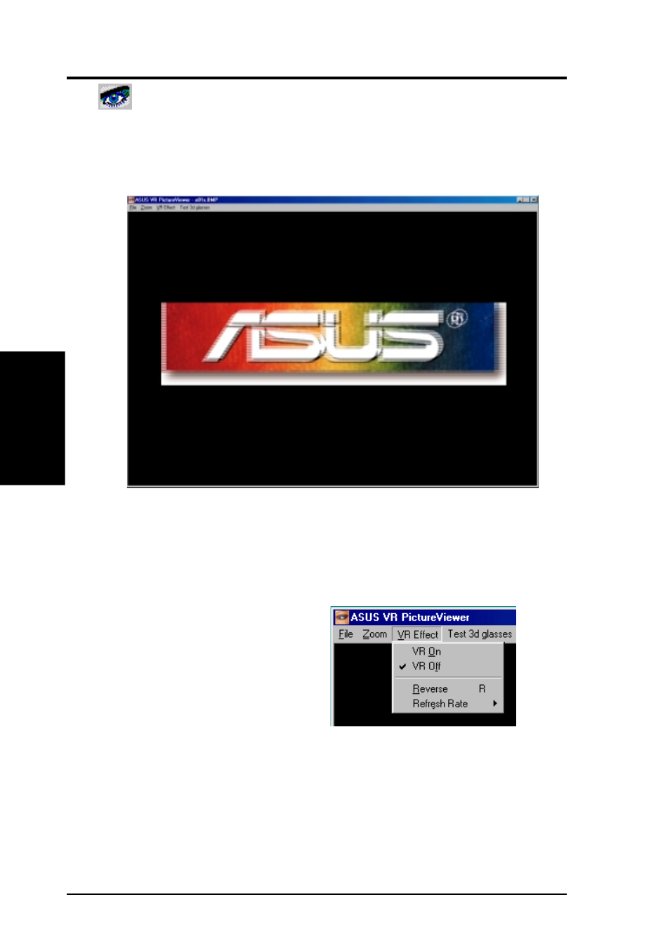 Software reference, Asus vr pictureviewer (optional), Opening or displaying a stereoscopic or 3d file | Asus AGP-V6800 Series User Manual | Page 68 / 76