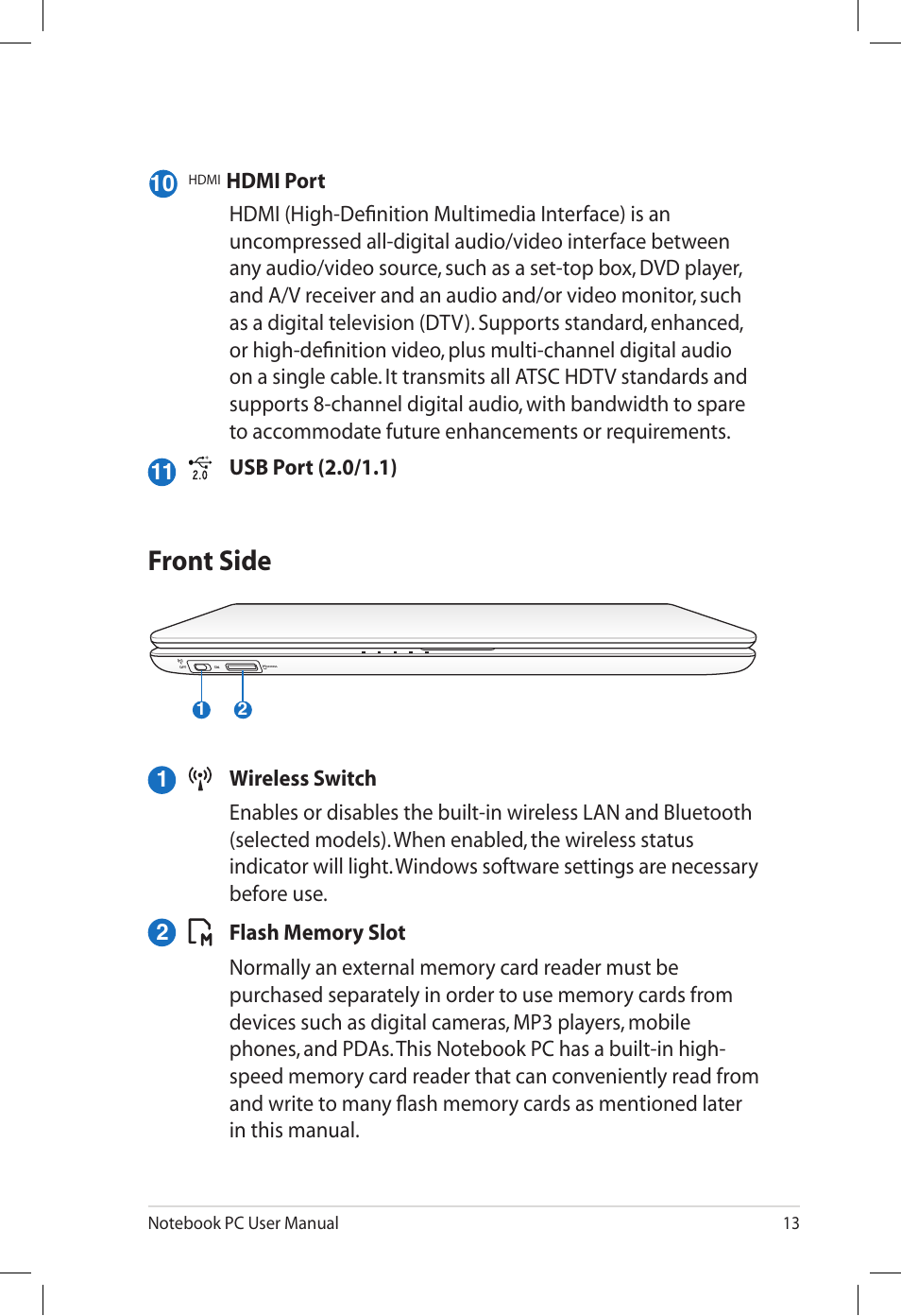 Front side | Asus N71Vg User Manual | Page 13 / 28