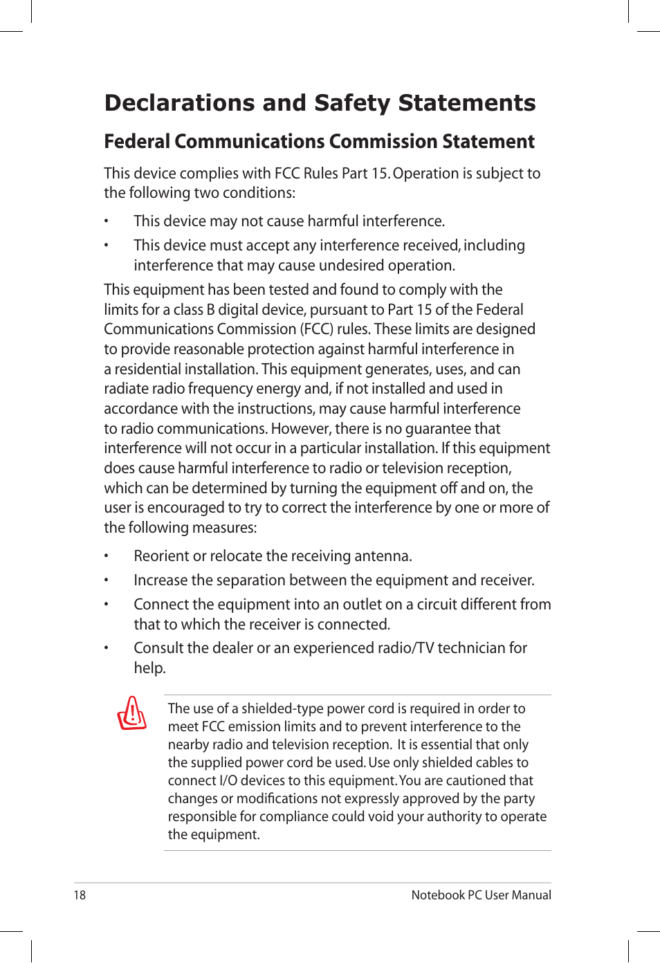 Declarations and safety statements, Federal communications commission statement | Asus N71Vg User Manual | Page 18 / 28