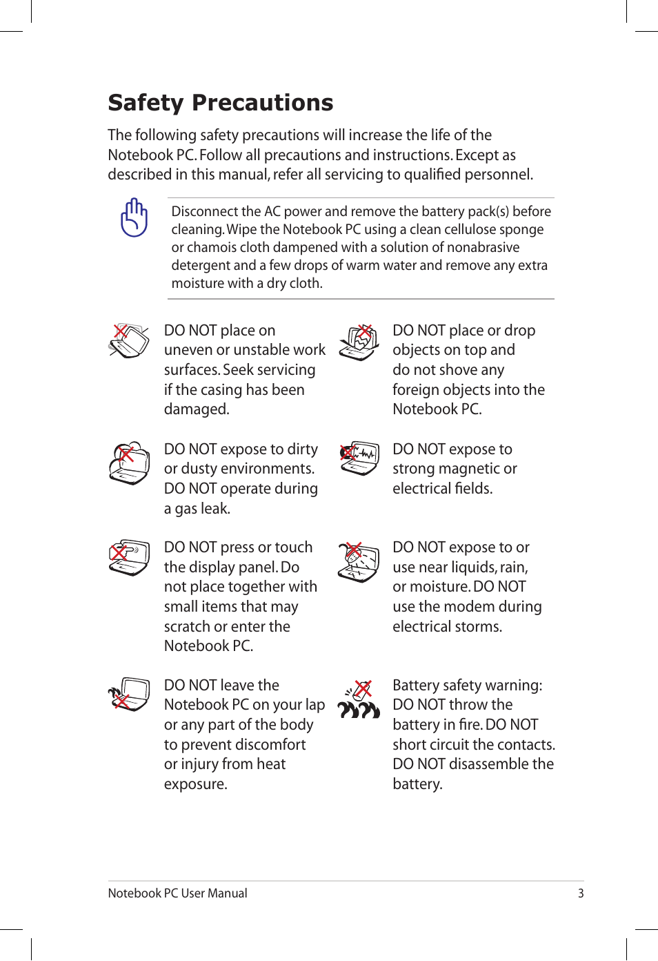 Safety precautions | Asus N71Vg User Manual | Page 3 / 28