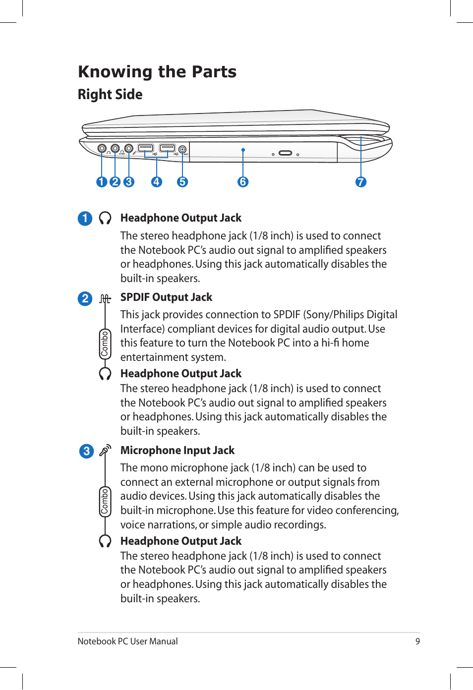 Knowing the parts, Right side | Asus N71Vg User Manual | Page 9 / 28