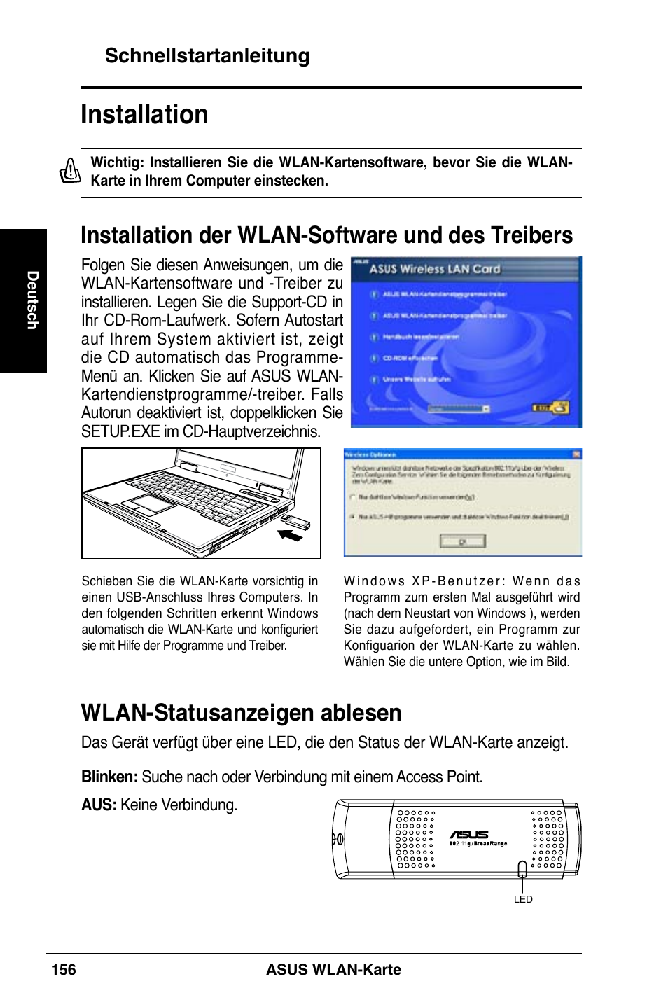 Installation, Installation der wlan-software und des treibers, Wlan-statusanzeigen ablesen | Schnellstartanleitung | Asus WL-169gE User Manual | Page 157 / 309