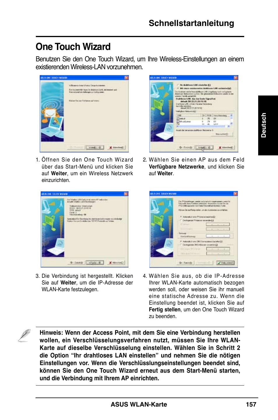 One touch wizard, Schnellstartanleitung | Asus WL-169gE User Manual | Page 158 / 309