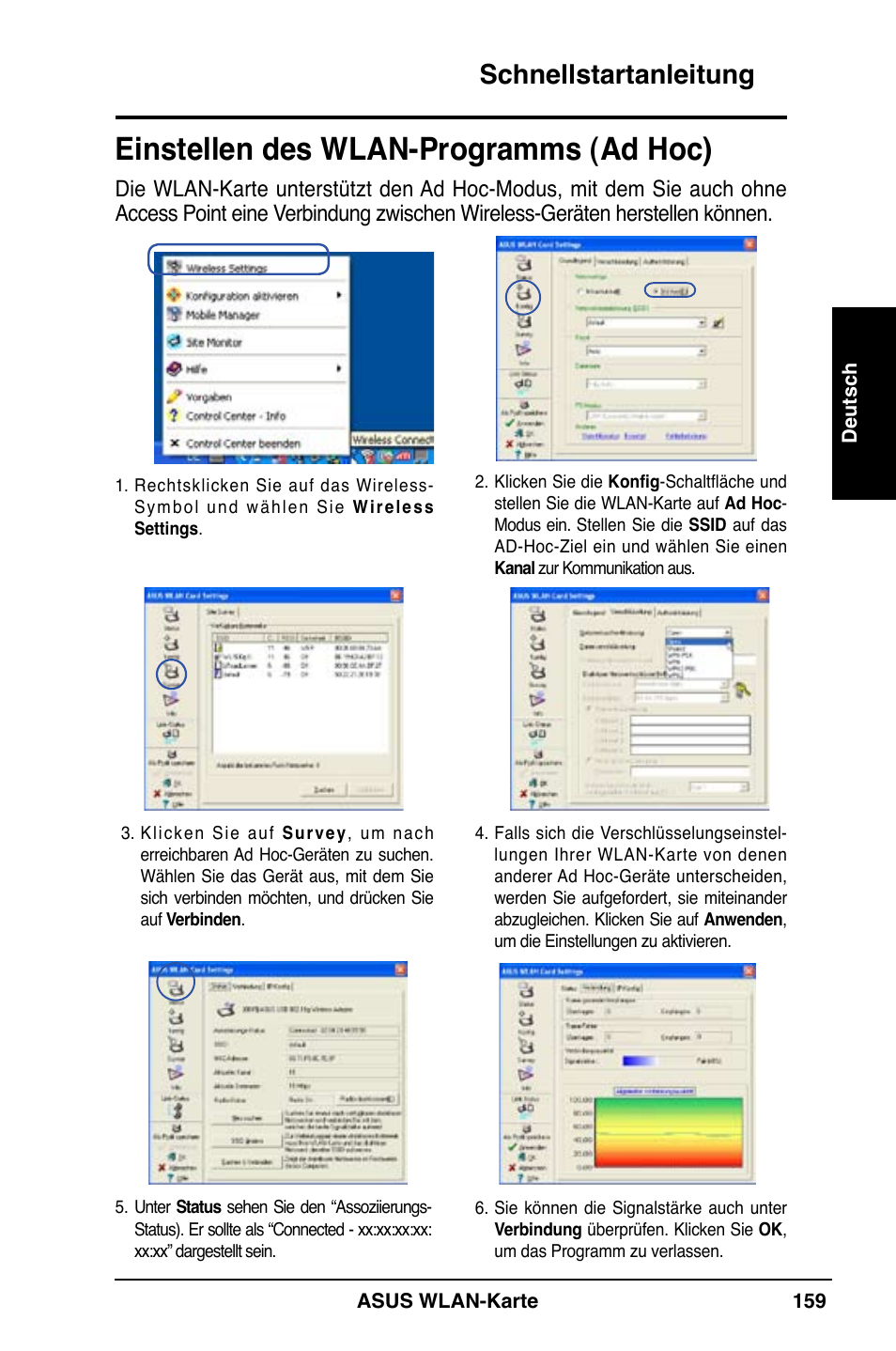 Einstellen des wlan-programms (ad hoc), Schnellstartanleitung | Asus WL-169gE User Manual | Page 160 / 309