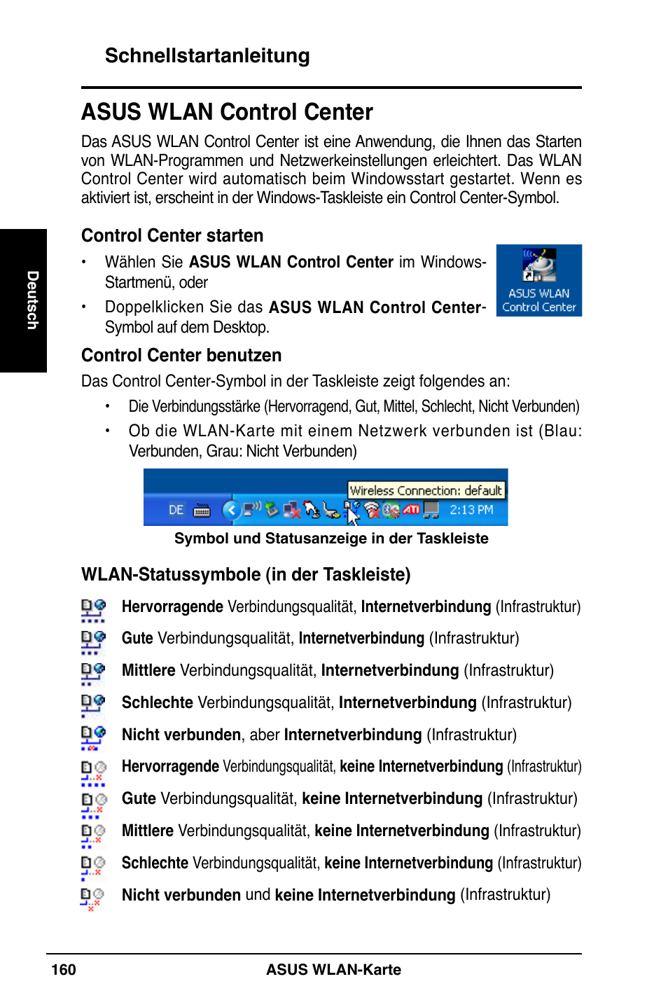 Asus wlan control center, Schnellstartanleitung | Asus WL-169gE User Manual | Page 161 / 309