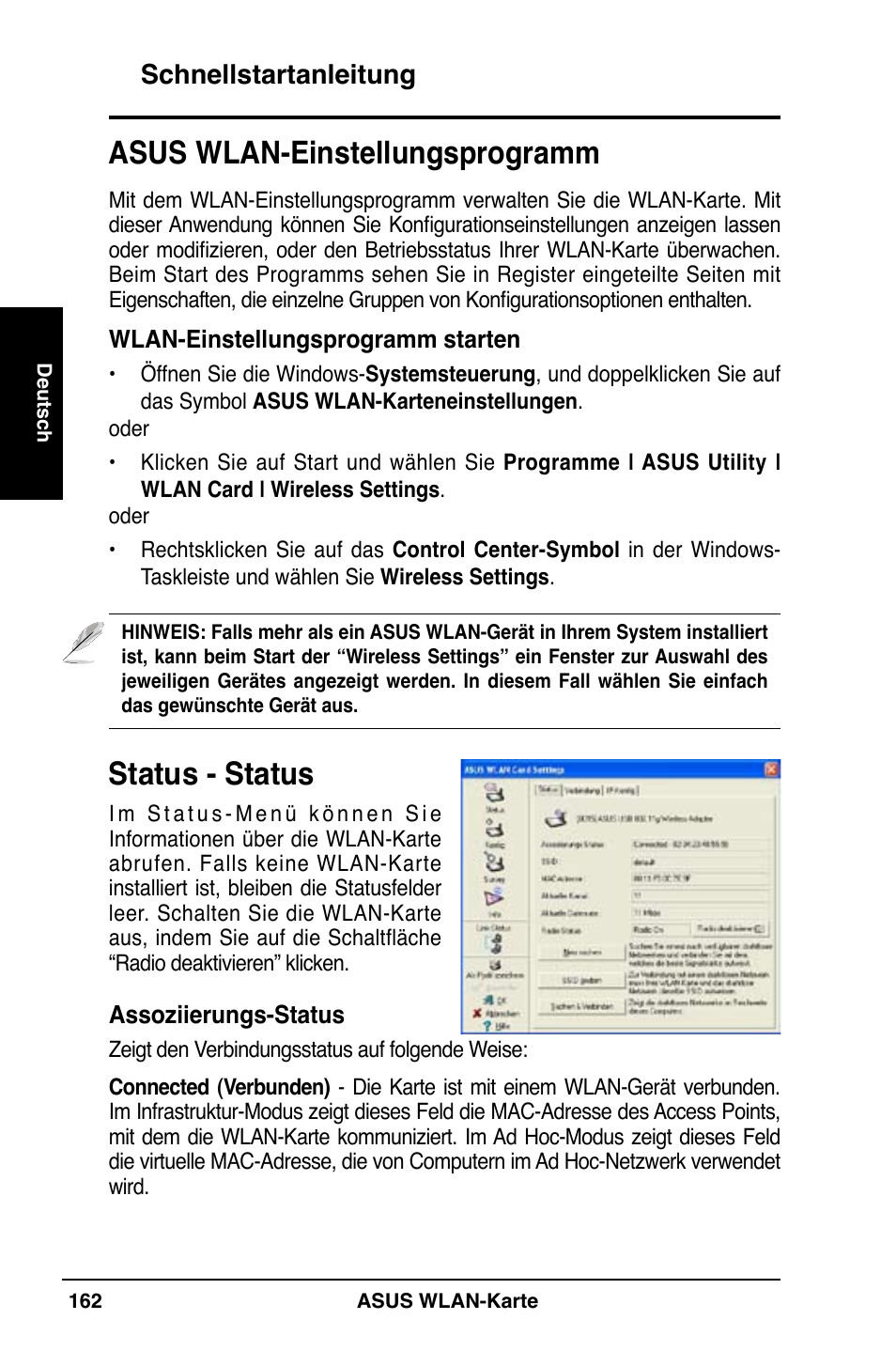 Status - status, Asus wlan-einstellungsprogramm, Schnellstartanleitung | Asus WL-169gE User Manual | Page 163 / 309