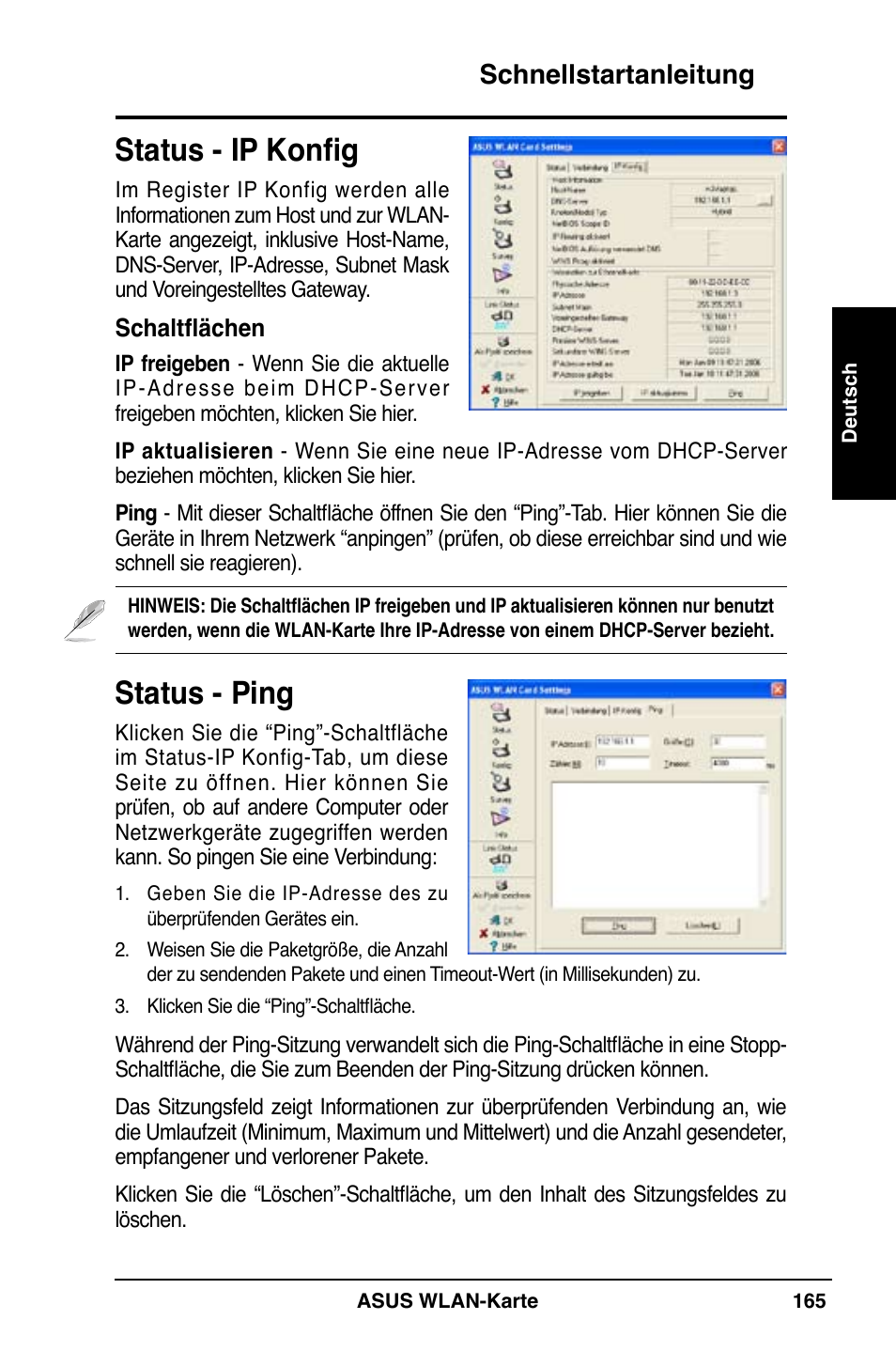 Status - ip konfig, Status - ping, Schnellstartanleitung | Asus WL-169gE User Manual | Page 166 / 309