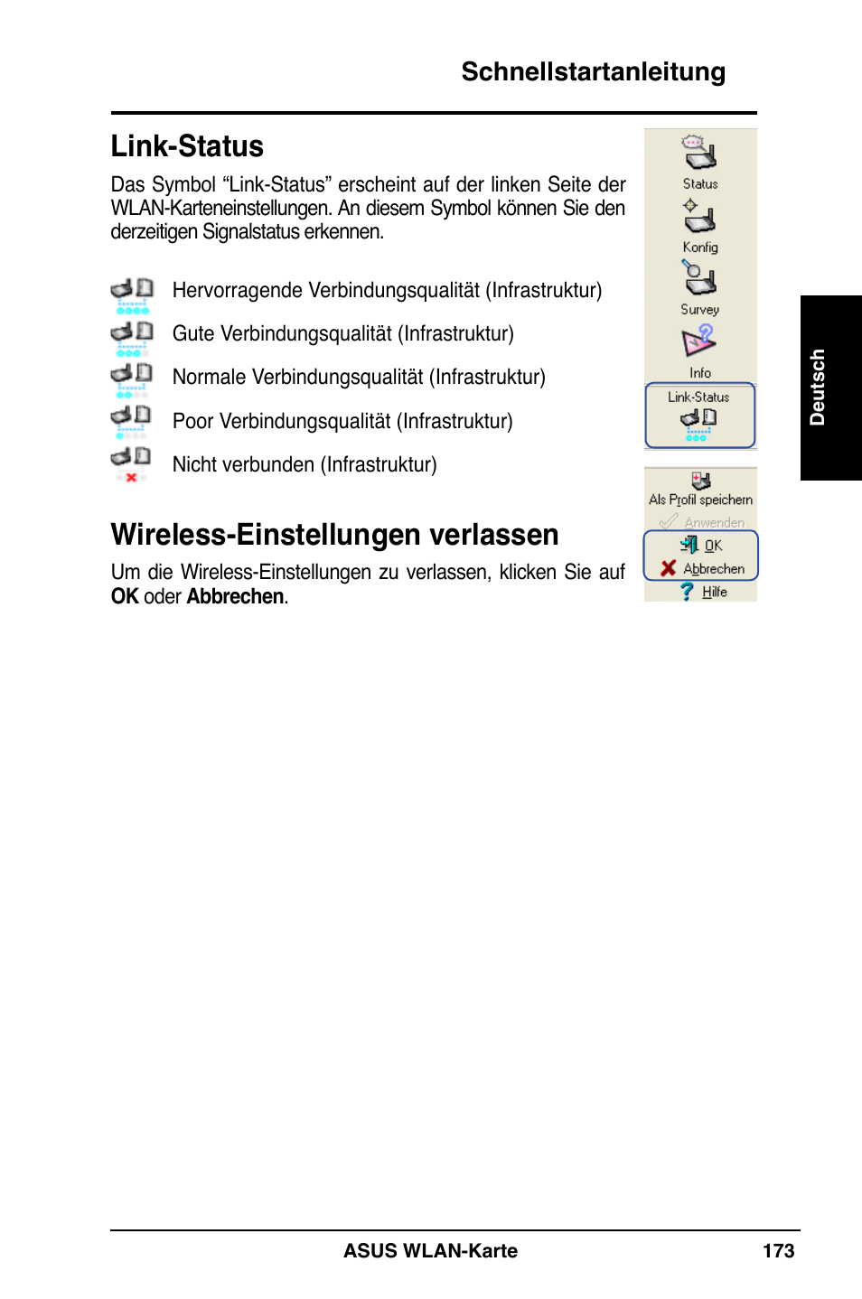 Link-status, Wireless-einstellungen verlassen | Asus WL-169gE User Manual | Page 174 / 309