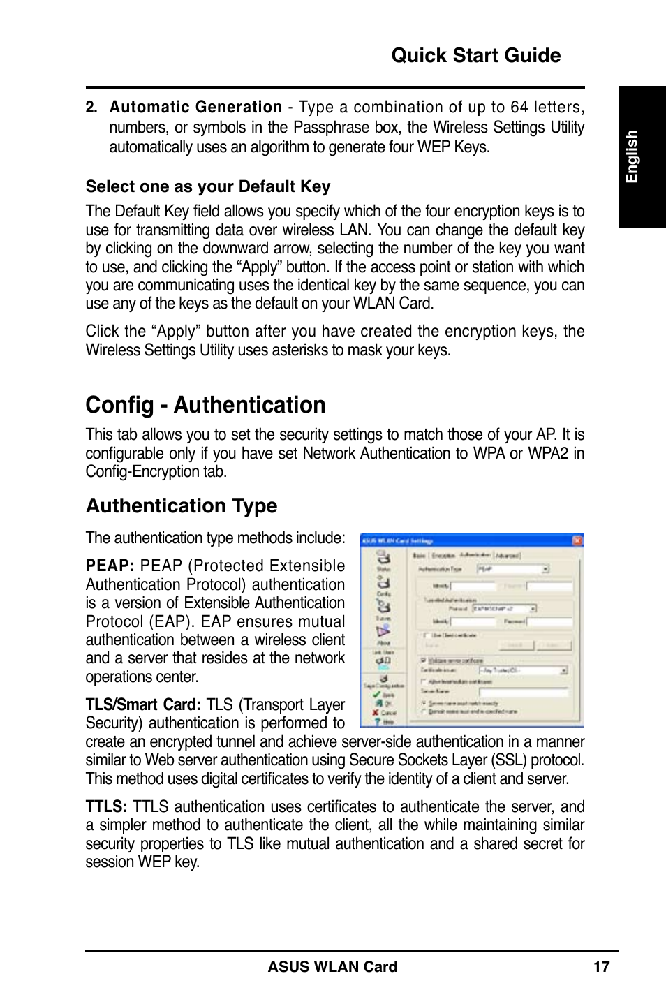 Config - authentication, Quick start guide, Authentication type | Asus WL-169gE User Manual | Page 18 / 309