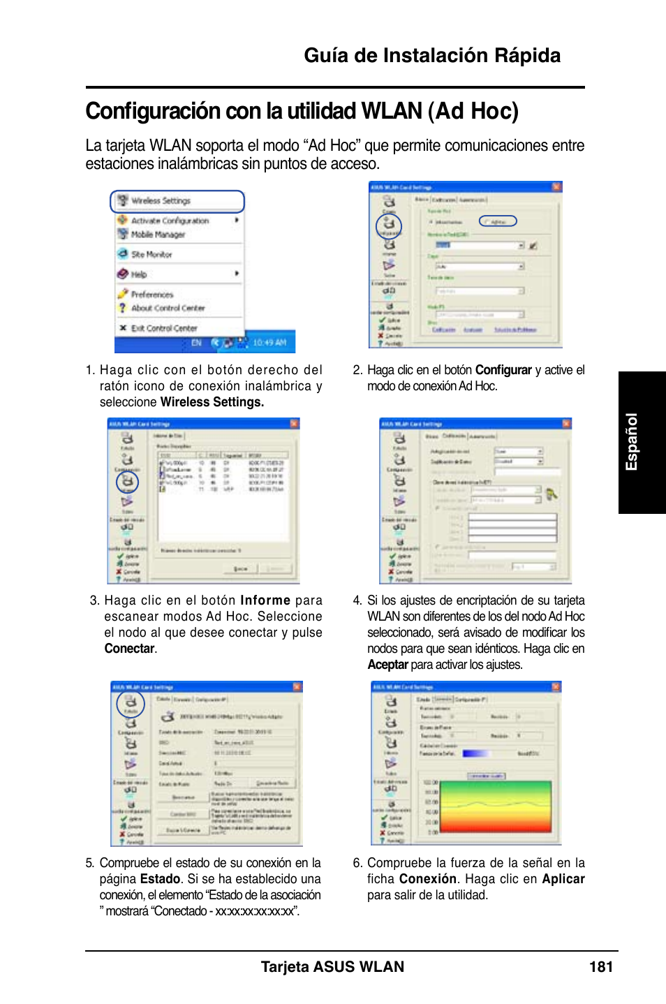 Configuración con la utilidad wlan (ad hoc), Guía de instalación rápida | Asus WL-169gE User Manual | Page 182 / 309