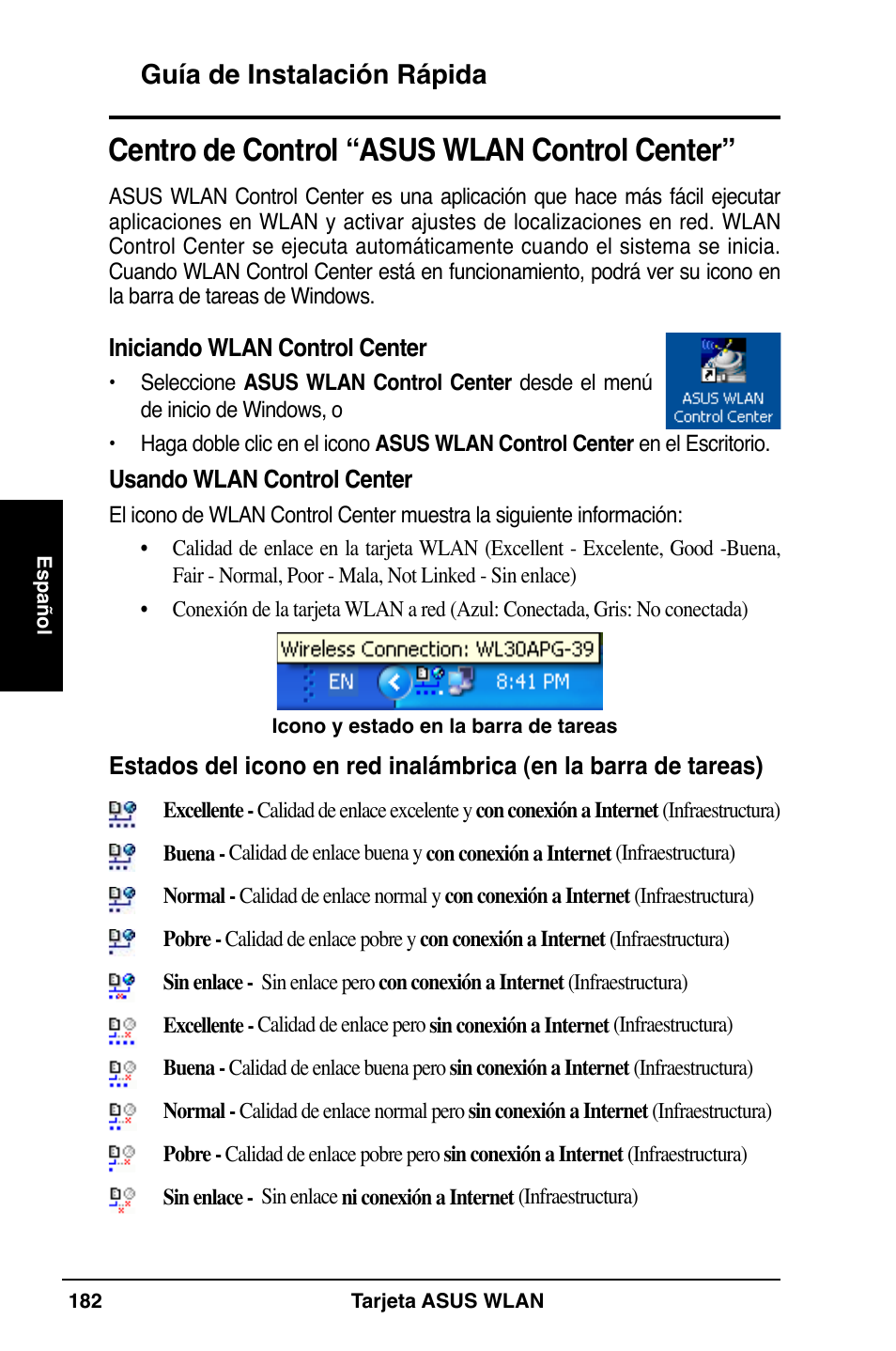 Centro de control “asus wlan control center, Guía de instalación rápida | Asus WL-169gE User Manual | Page 183 / 309