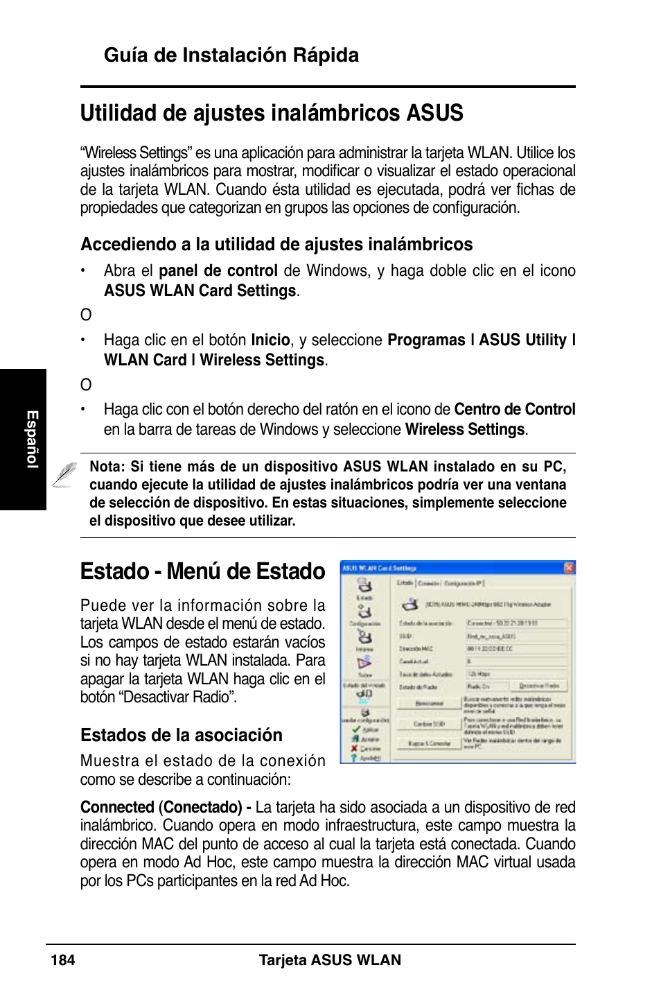 Estado - menú de estado, Utilidad de ajustes inalámbricos asus, Guía de instalación rápida | Asus WL-169gE User Manual | Page 185 / 309