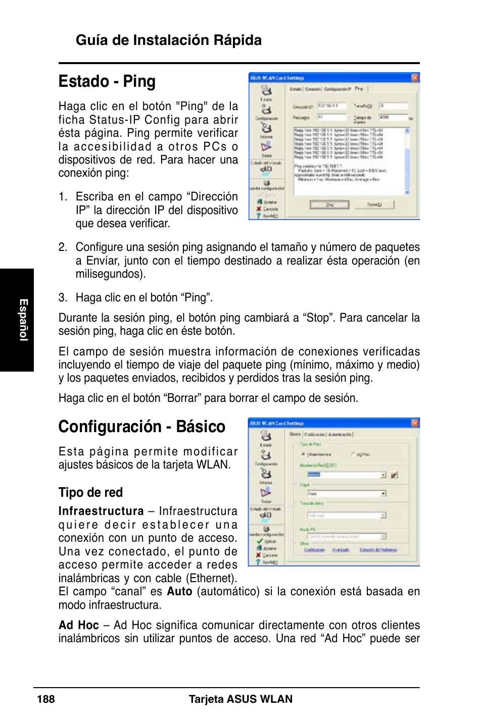 Estado - ping, Configuración - básico, Guía de instalación rápida | Asus WL-169gE User Manual | Page 189 / 309