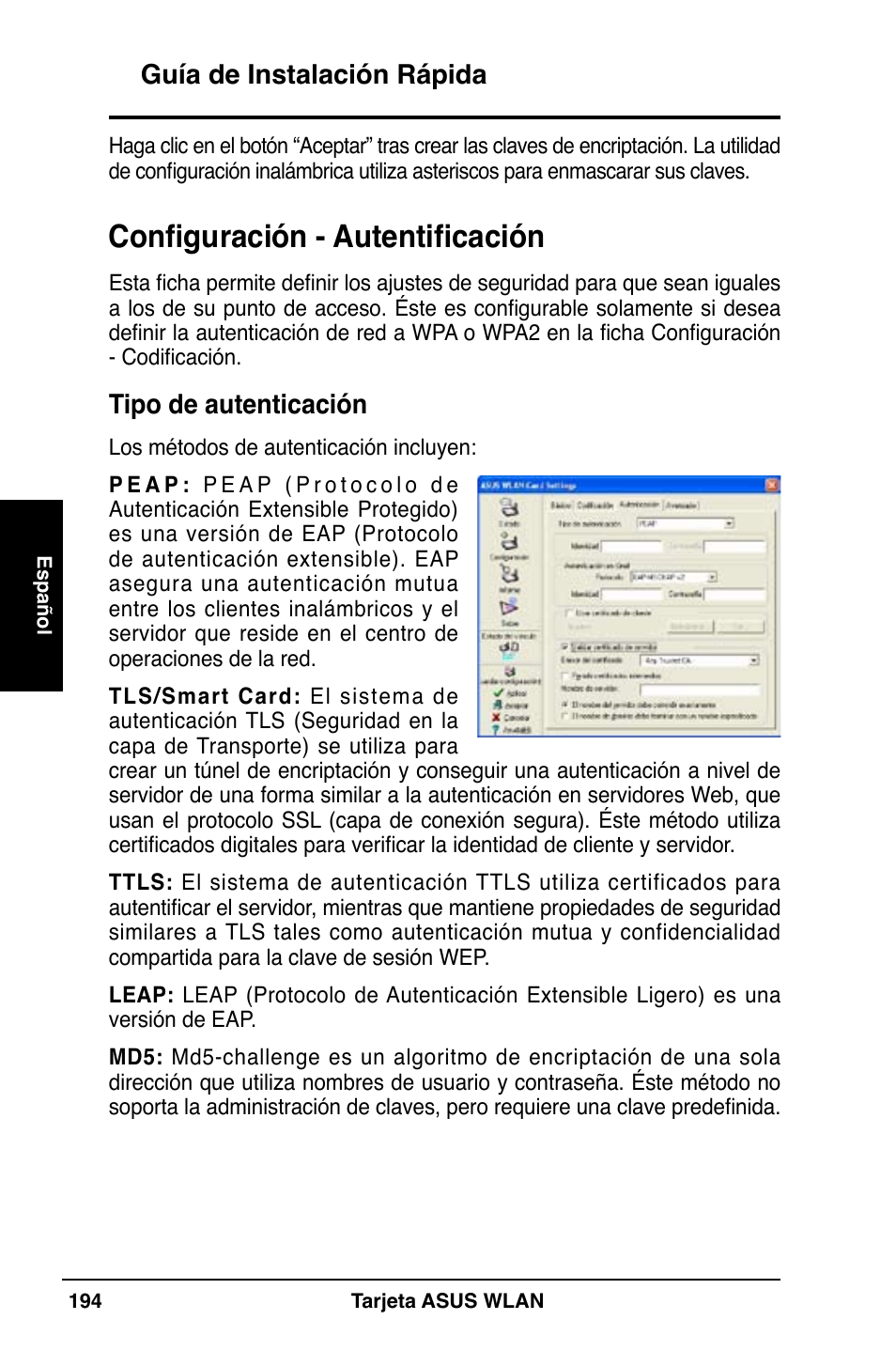 Configuración - autentificación, Guía de instalación rápida, Tipo de autenticación | Asus WL-169gE User Manual | Page 195 / 309