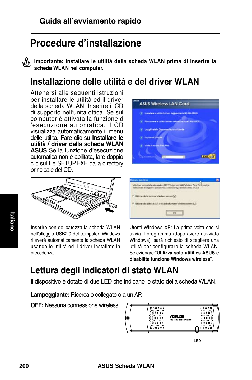 Procedure d’installazione, Installazione delle utilità e del driver wlan, Lettura degli indicatori di stato wlan | Guida all’avviamento rapido | Asus WL-169gE User Manual | Page 201 / 309