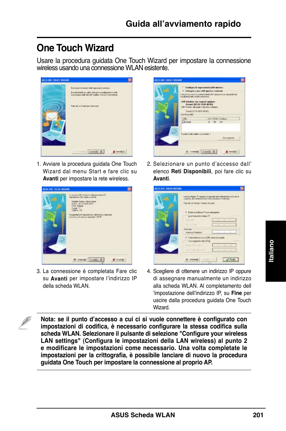 One touch wizard, Guida all’avviamento rapido | Asus WL-169gE User Manual | Page 202 / 309