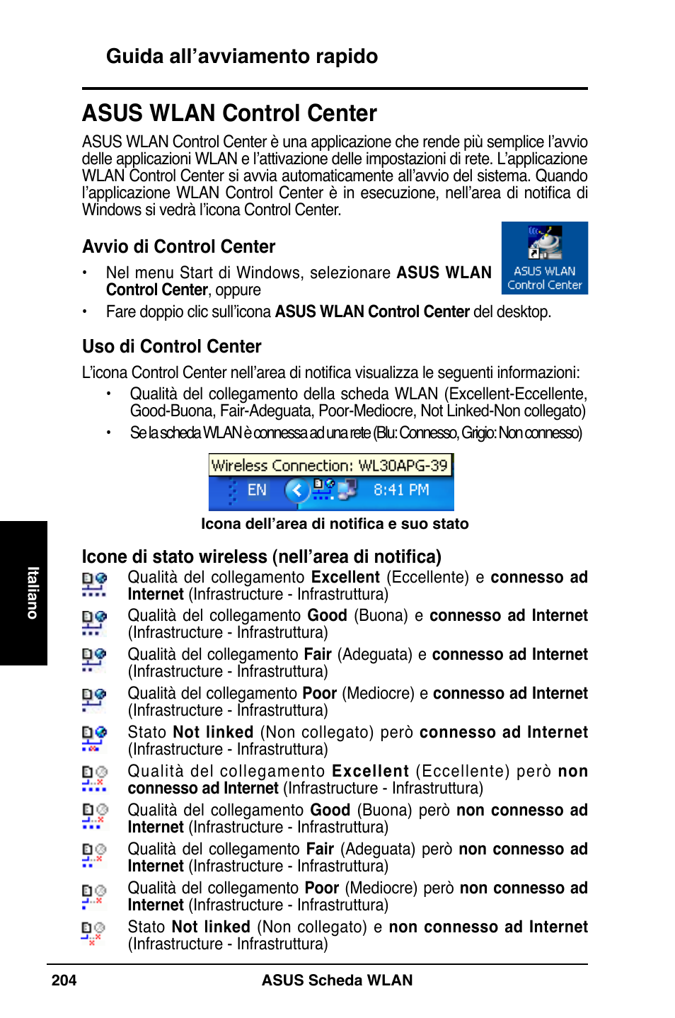 Asus wlan control center, Guida all’avviamento rapido | Asus WL-169gE User Manual | Page 205 / 309