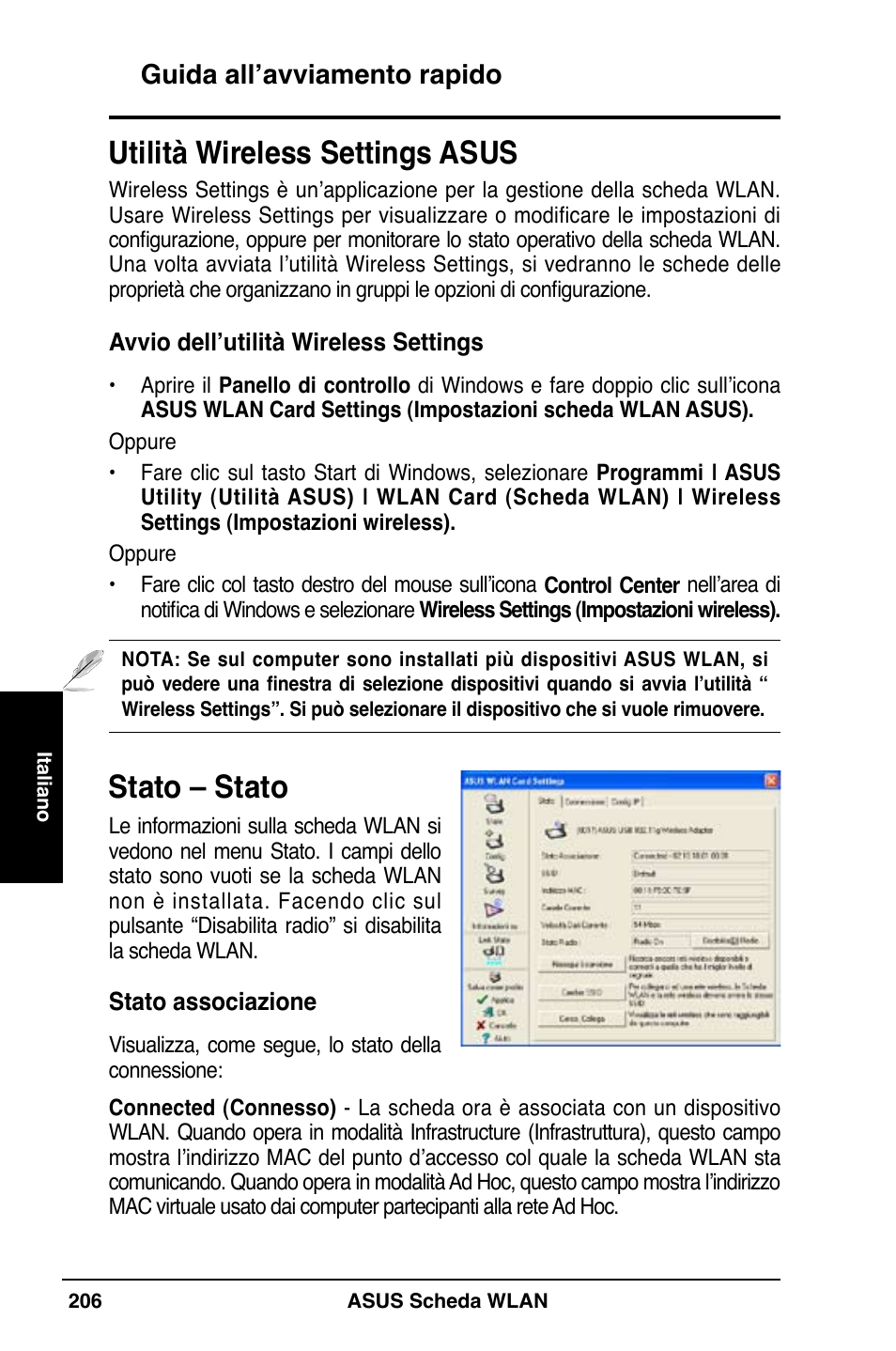 Stato – stato, Utilità wireless settings asus, Guida all’avviamento rapido | Asus WL-169gE User Manual | Page 207 / 309