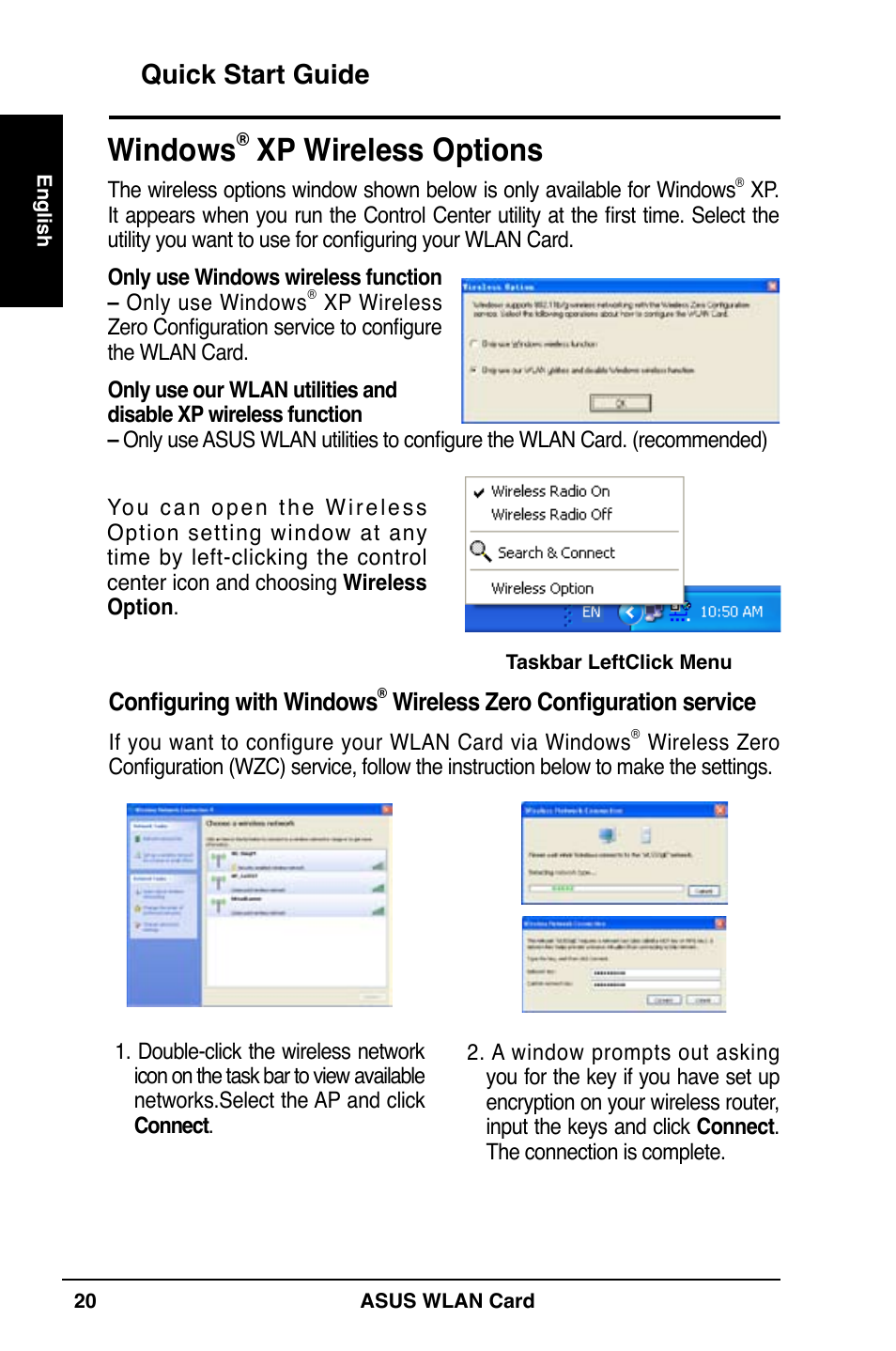 Windows, Xp wireless options, Quick start guide | Asus WL-169gE User Manual | Page 21 / 309