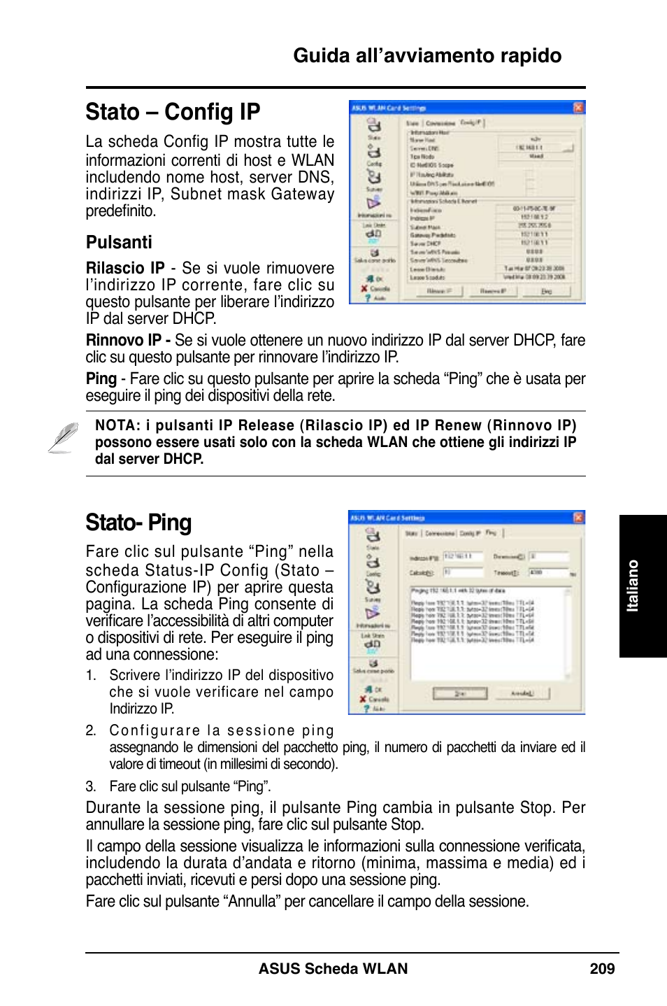 Stato – config ip, Stato- ping, Guida all’avviamento rapido | Asus WL-169gE User Manual | Page 210 / 309