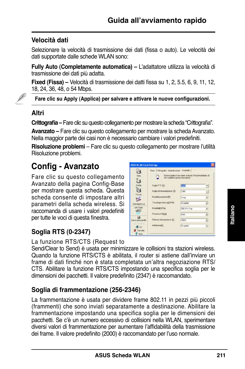 Config - avanzato, Guida all’avviamento rapido | Asus WL-169gE User Manual | Page 212 / 309