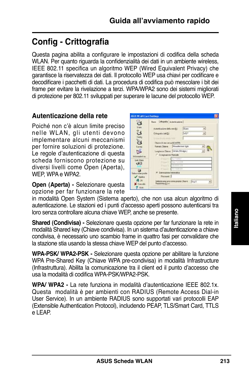 Config - crittografia, Guida all’avviamento rapido | Asus WL-169gE User Manual | Page 214 / 309