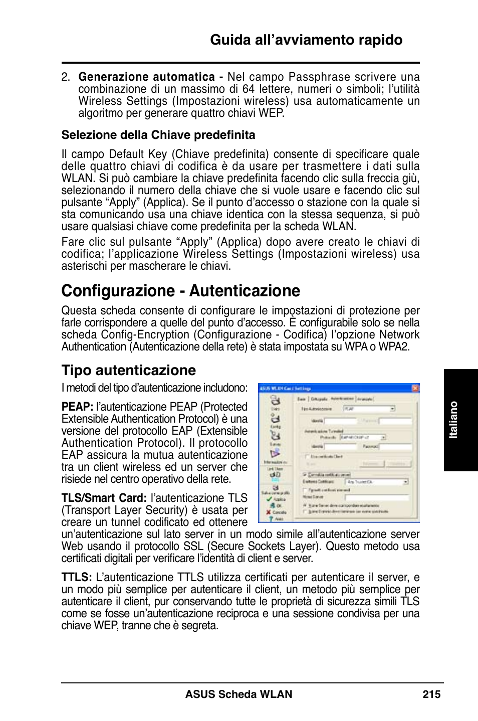 Configurazione - autenticazione, Guida all’avviamento rapido, Tipo autenticazione | Asus WL-169gE User Manual | Page 216 / 309