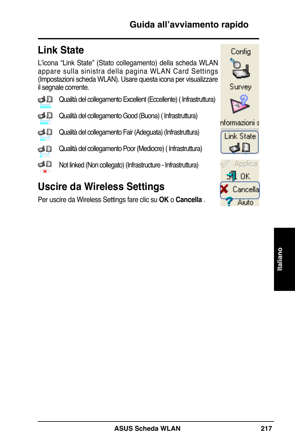 Link state, Uscire da wireless settings | Asus WL-169gE User Manual | Page 218 / 309