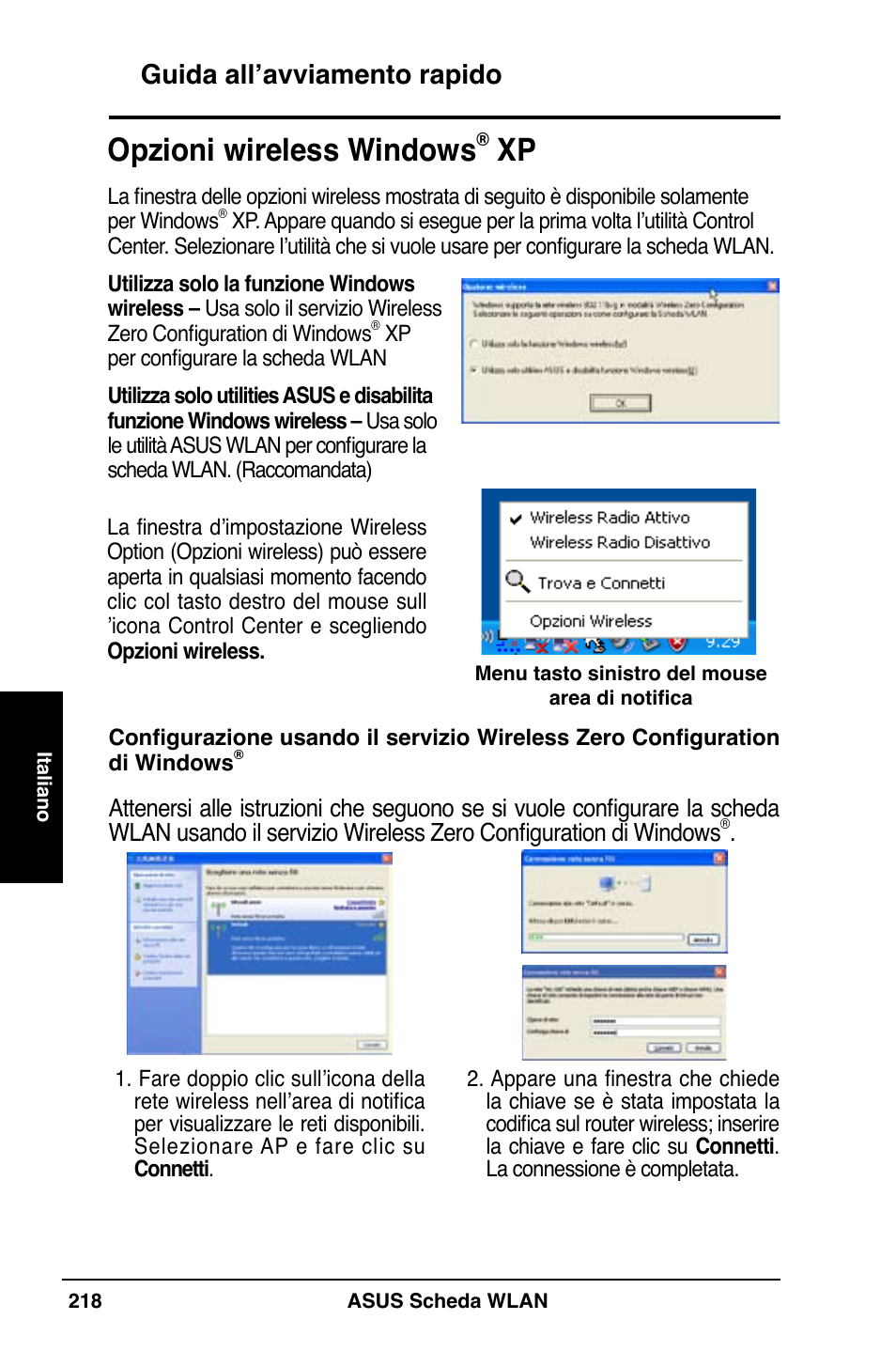 Opzioni wireless windows, Guida all’avviamento rapido | Asus WL-169gE User Manual | Page 219 / 309