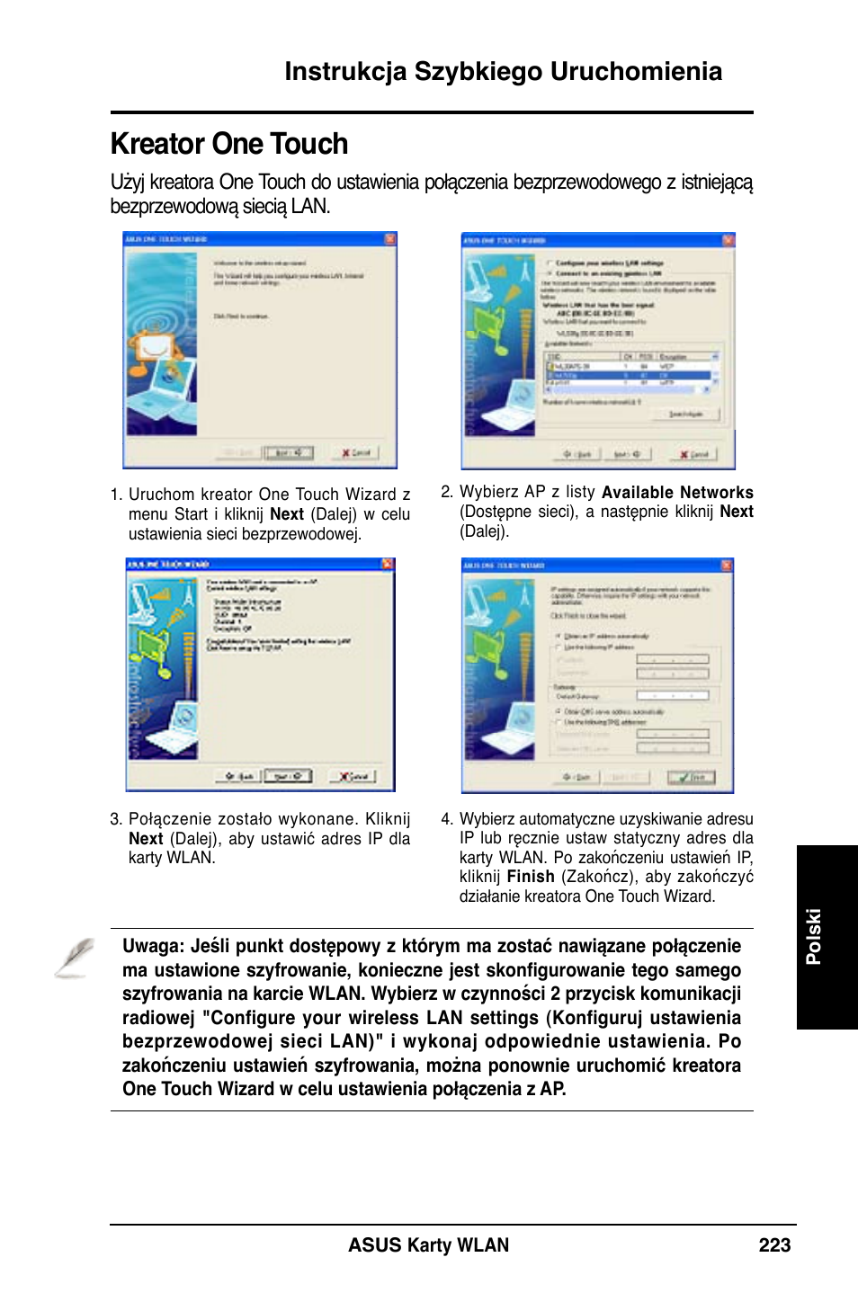 Kreator one touch, Instrukcja szybkiego uruchomienia | Asus WL-169gE User Manual | Page 224 / 309