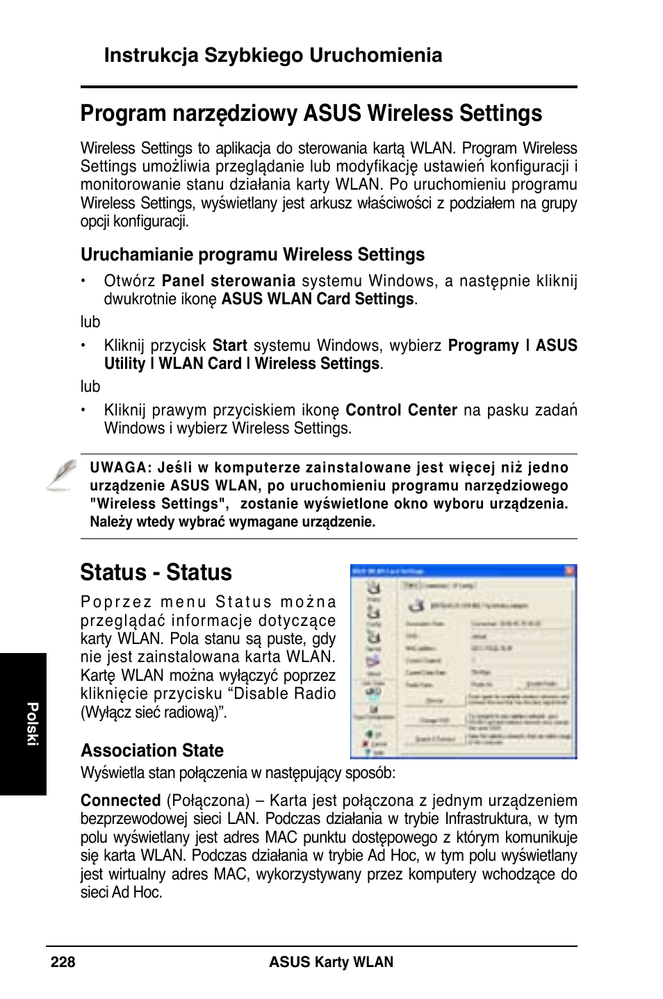 Status - status, Program narzędziowy asus wireless settings, Instrukcja szybkiego uruchomienia | Asus WL-169gE User Manual | Page 229 / 309