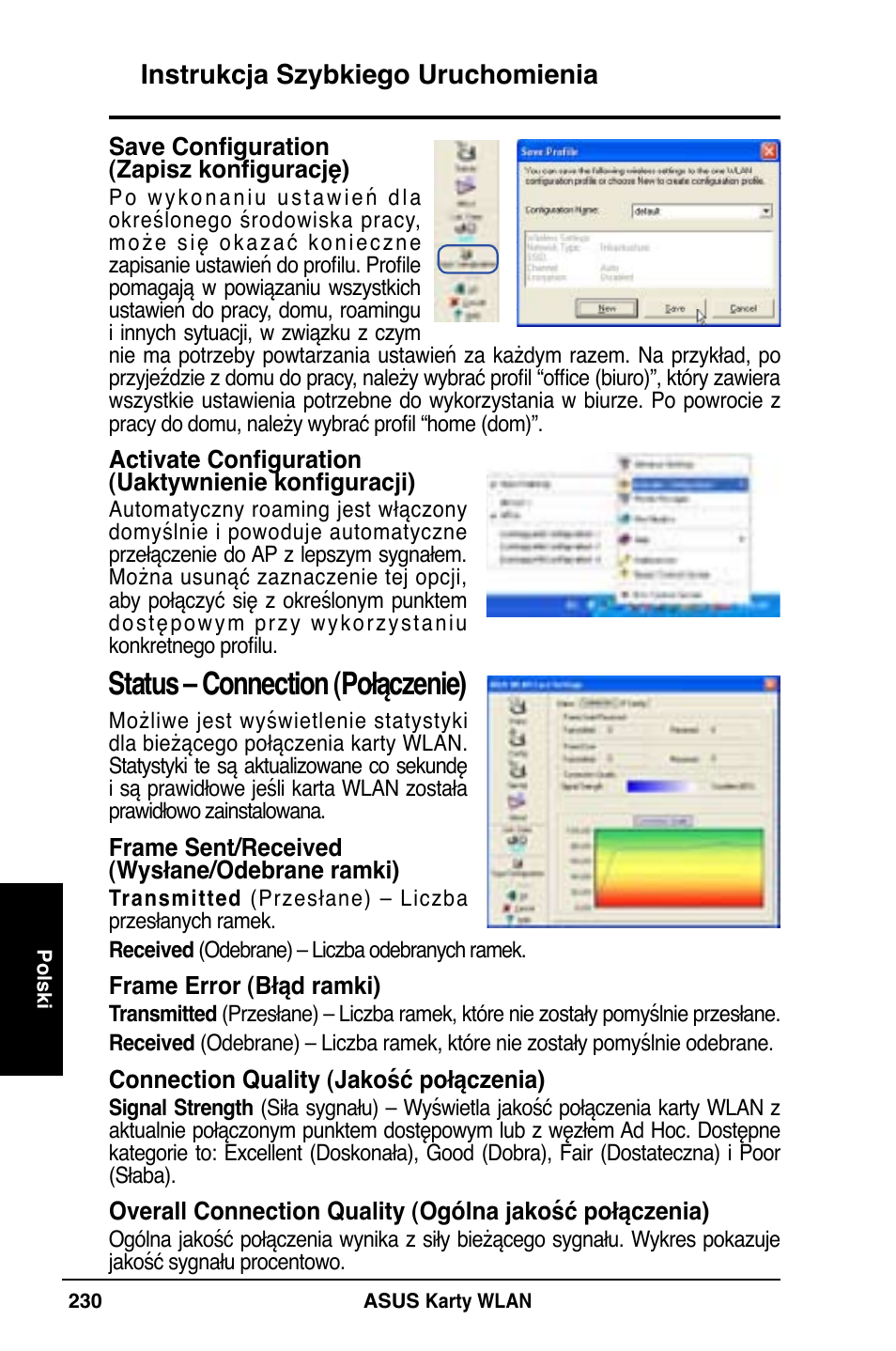 Status – connection (połączenie), Instrukcja szybkiego uruchomienia | Asus WL-169gE User Manual | Page 231 / 309