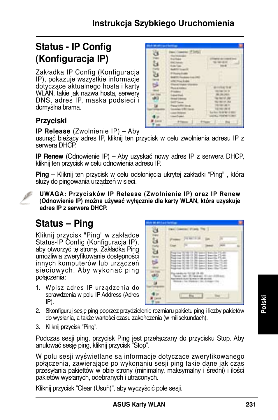 Status - ip config (konfiguracja ip), Status – ping, Instrukcja szybkiego uruchomienia | Asus WL-169gE User Manual | Page 232 / 309