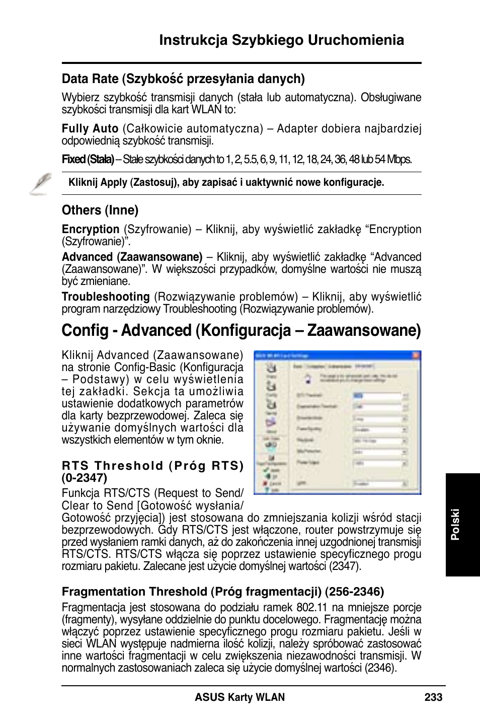 Config - advanced (konfiguracja – zaawansowane), Instrukcja szybkiego uruchomienia | Asus WL-169gE User Manual | Page 234 / 309