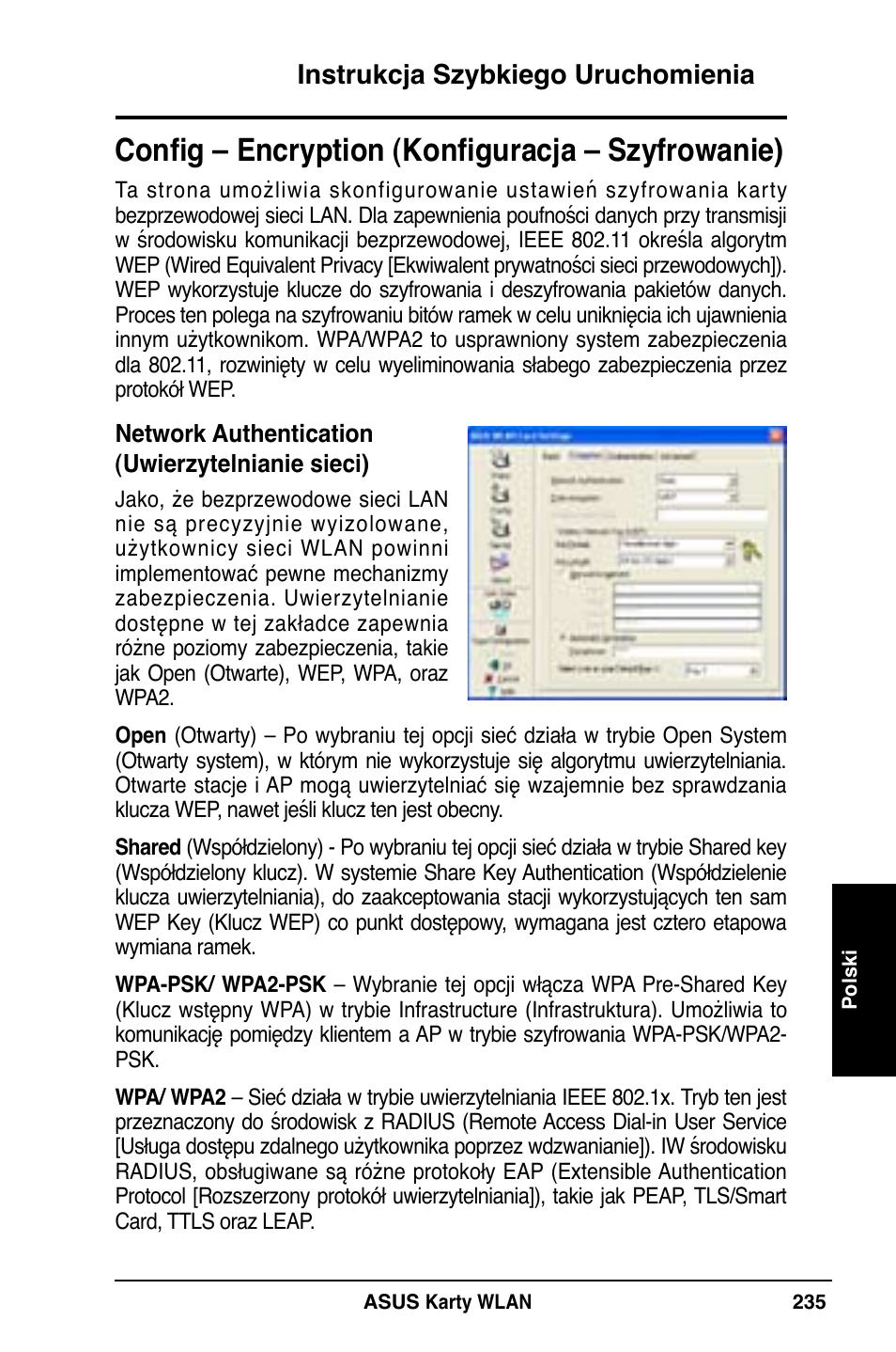 Config – encryption (konfiguracja – szyfrowanie), Instrukcja szybkiego uruchomienia | Asus WL-169gE User Manual | Page 236 / 309