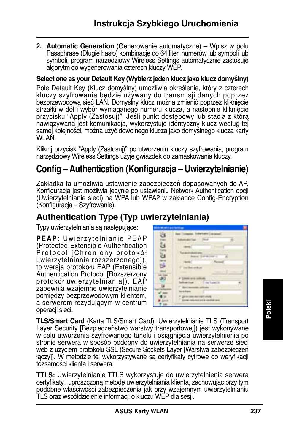 Instrukcja szybkiego uruchomienia, Authentication type (typ uwierzytelniania) | Asus WL-169gE User Manual | Page 238 / 309