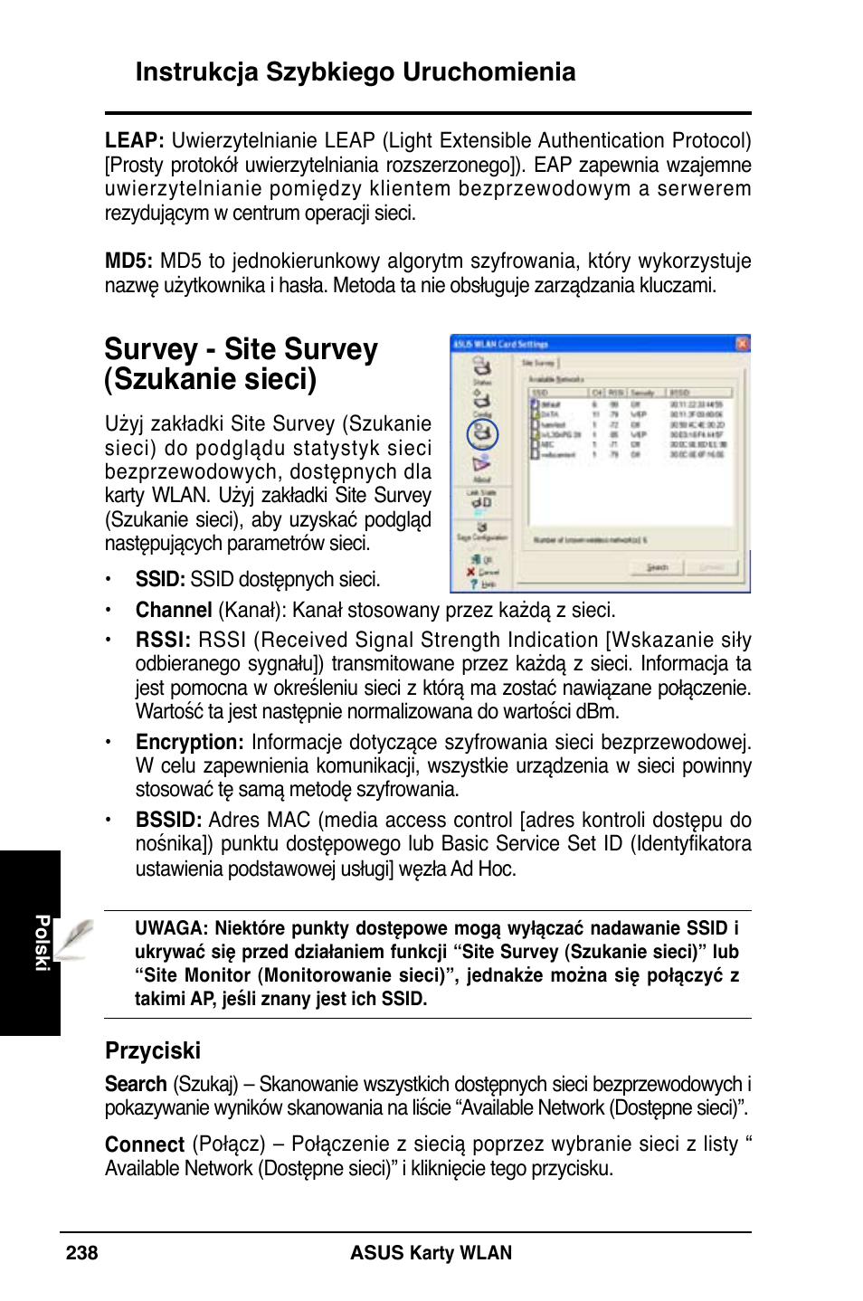 Survey - site survey (szukanie sieci), Instrukcja szybkiego uruchomienia | Asus WL-169gE User Manual | Page 239 / 309