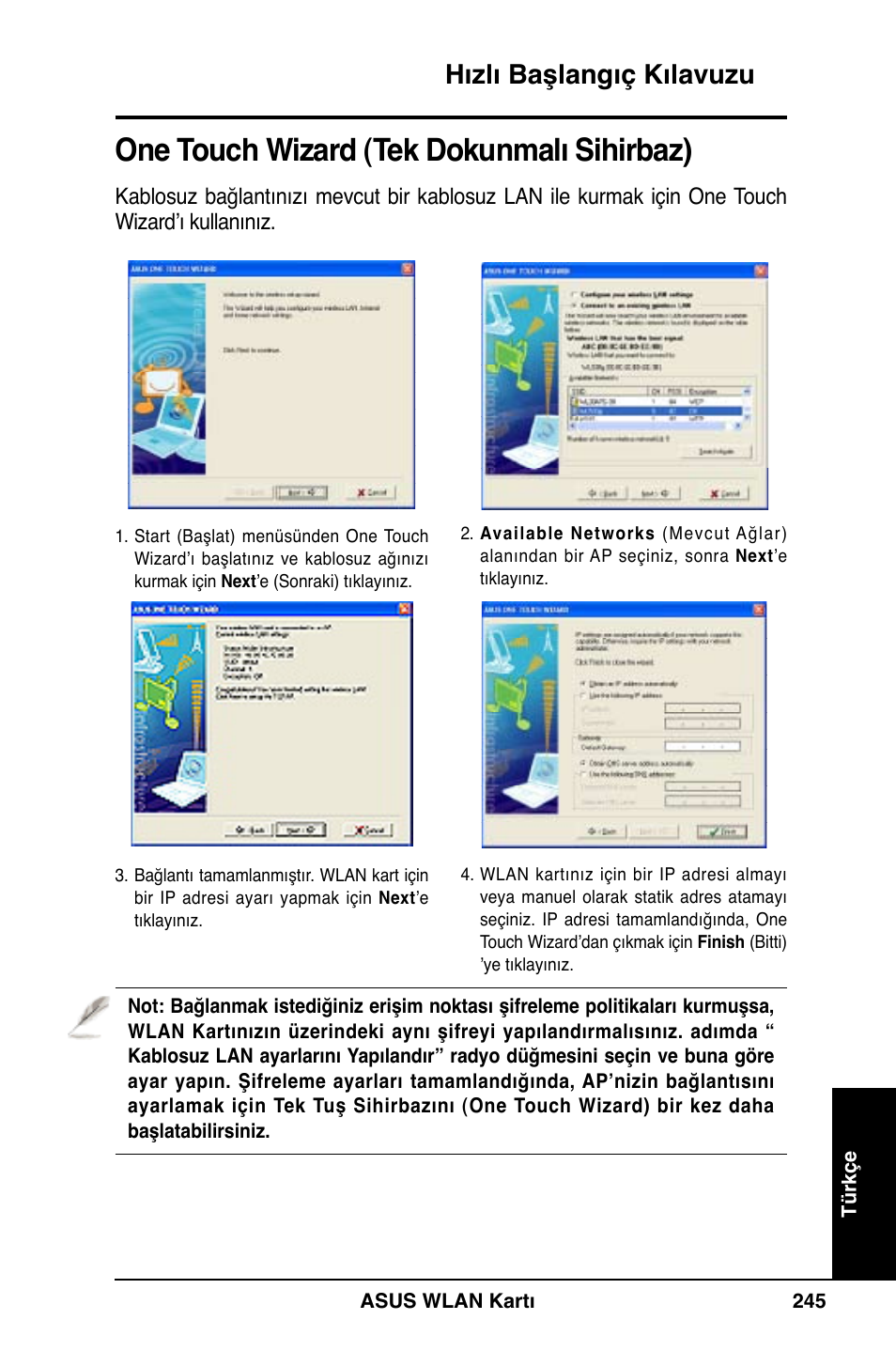 One touch wizard (tek dokunmalı sihirbaz), Hızlı başlangıç kılavuzu | Asus WL-169gE User Manual | Page 246 / 309