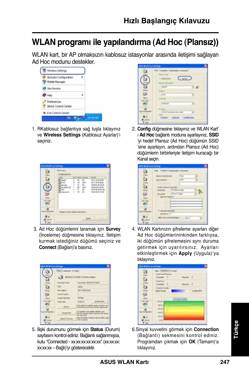 Wlan programı ile yapılandırma (ad hoc (plansız)), Hızlı başlangıç kılavuzu | Asus WL-169gE User Manual | Page 248 / 309