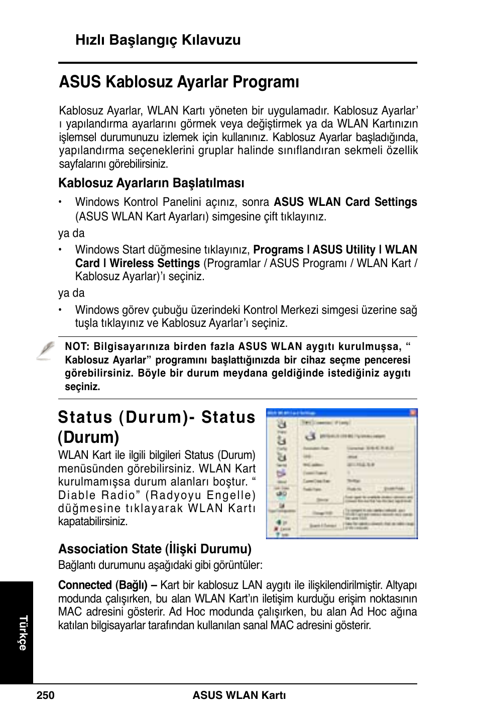 Status (durum)- status (durum), Asus kablosuz ayarlar programı, Hızlı başlangıç kılavuzu | Asus WL-169gE User Manual | Page 251 / 309