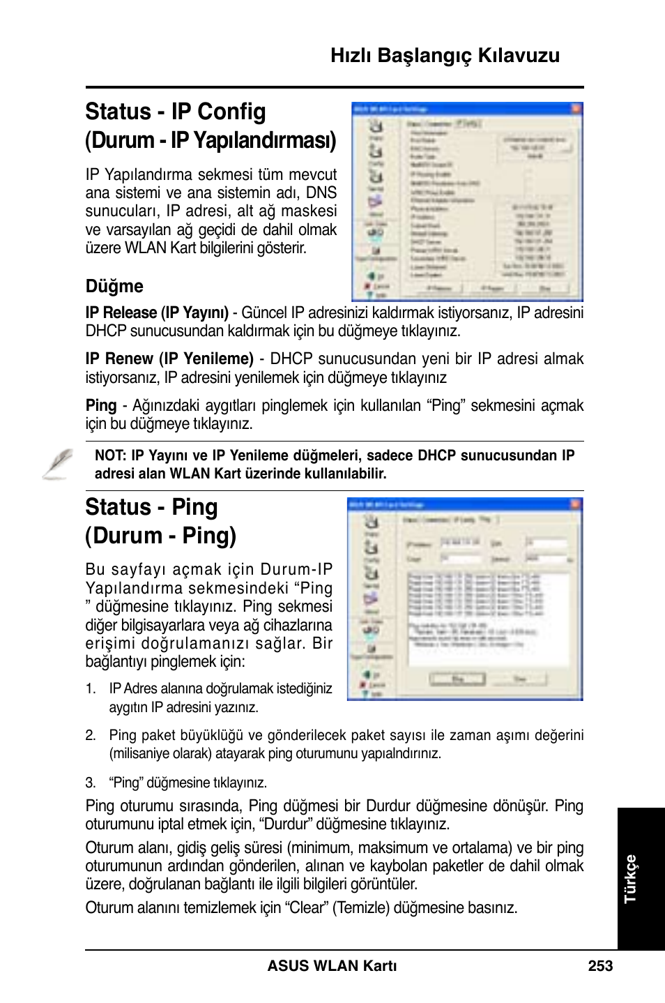 Status - ip config (durum - ip yapılandırması), Status - ping (durum - ping), Hızlı başlangıç kılavuzu | Asus WL-169gE User Manual | Page 254 / 309