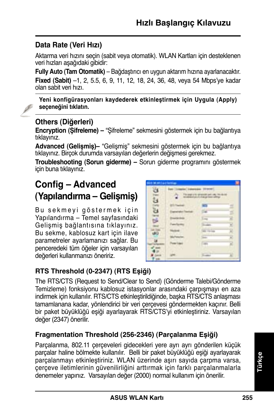 Config – advanced (yapılandırma – gelişmiş), Hızlı başlangıç kılavuzu | Asus WL-169gE User Manual | Page 256 / 309