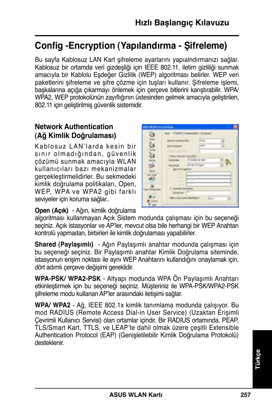 Config -encryption (yapılandırma - şifreleme), Hızlı başlangıç kılavuzu | Asus WL-169gE User Manual | Page 258 / 309