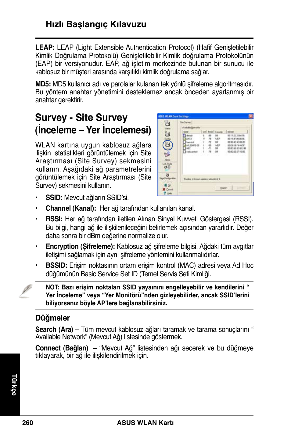 Survey - site survey (inceleme – yer incelemesi), Hızlı başlangıç kılavuzu | Asus WL-169gE User Manual | Page 261 / 309