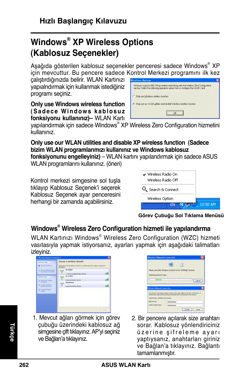 Windows, Xp wireless options (kablosuz seçenekler), Hızlı başlangıç kılavuzu | Asus WL-169gE User Manual | Page 263 / 309
