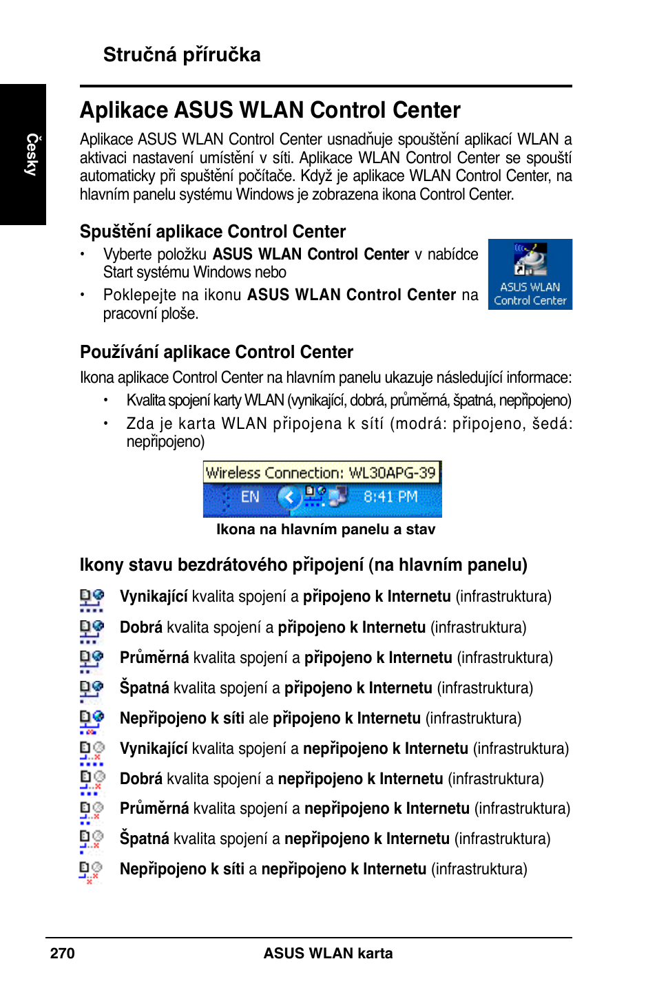 Aplikace asus wlan control center, Stručná příručka | Asus WL-169gE User Manual | Page 271 / 309