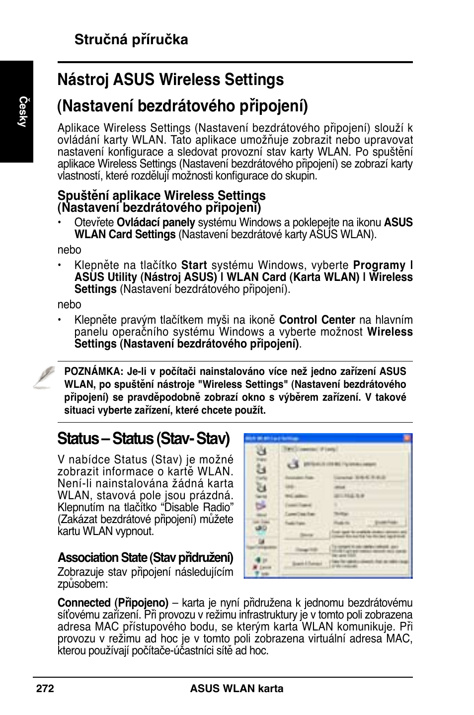 Status – status (stav- stav), Stručná příručka | Asus WL-169gE User Manual | Page 273 / 309